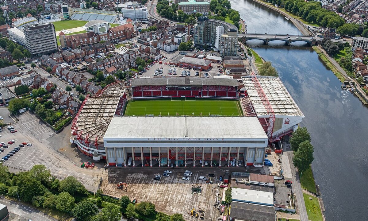 The City Ground, home of Nottingham Forest, beside the River Trent