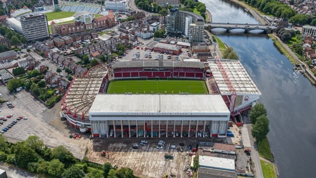 The City Ground, home of Nottingham Forest, beside the River Trent