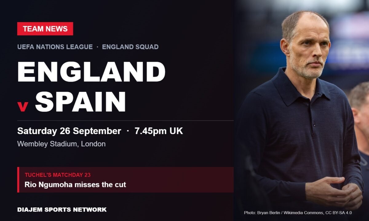 England v Spain team news card featuring England head coach Thomas Tuchel
