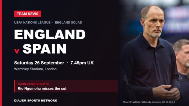 England v Spain team news card featuring England head coach Thomas Tuchel