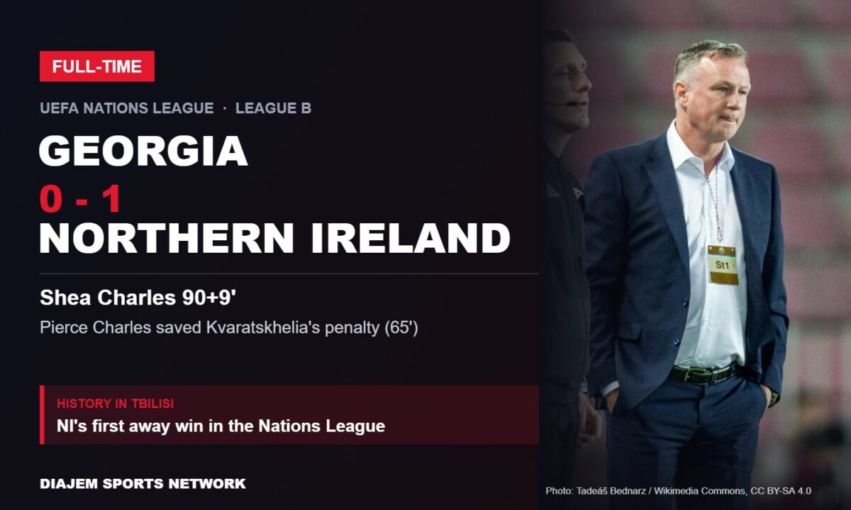 Georgia 0-1 Northern Ireland result card featuring Northern Ireland manager Michael O'Neill