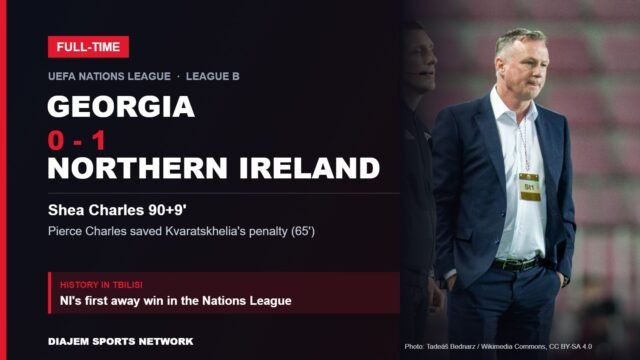 Georgia 0-1 Northern Ireland result card featuring Northern Ireland manager Michael O'Neill