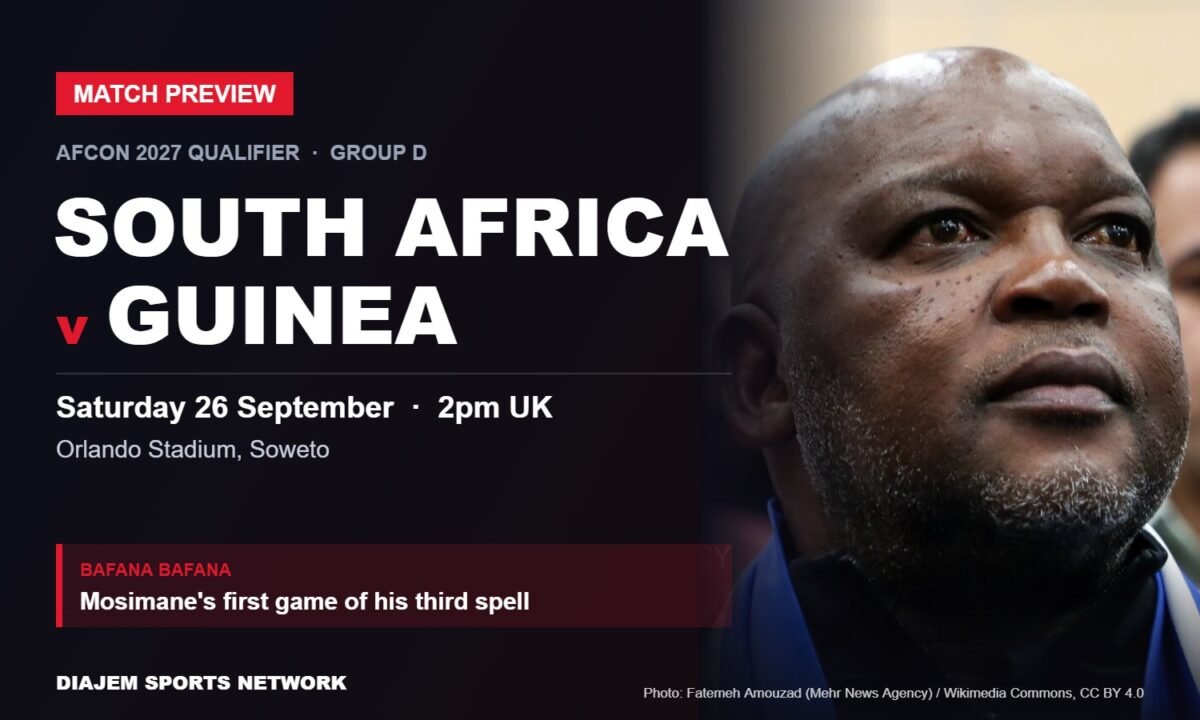 South Africa v Guinea AFCON qualifier preview card featuring South Africa coach Pitso Mosimane
