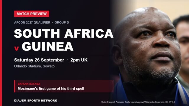 South Africa v Guinea AFCON qualifier preview card featuring South Africa coach Pitso Mosimane